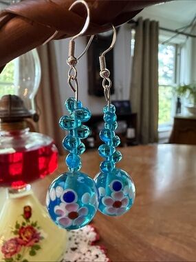 Turquoise Floral Glass Bead Drop Earrings